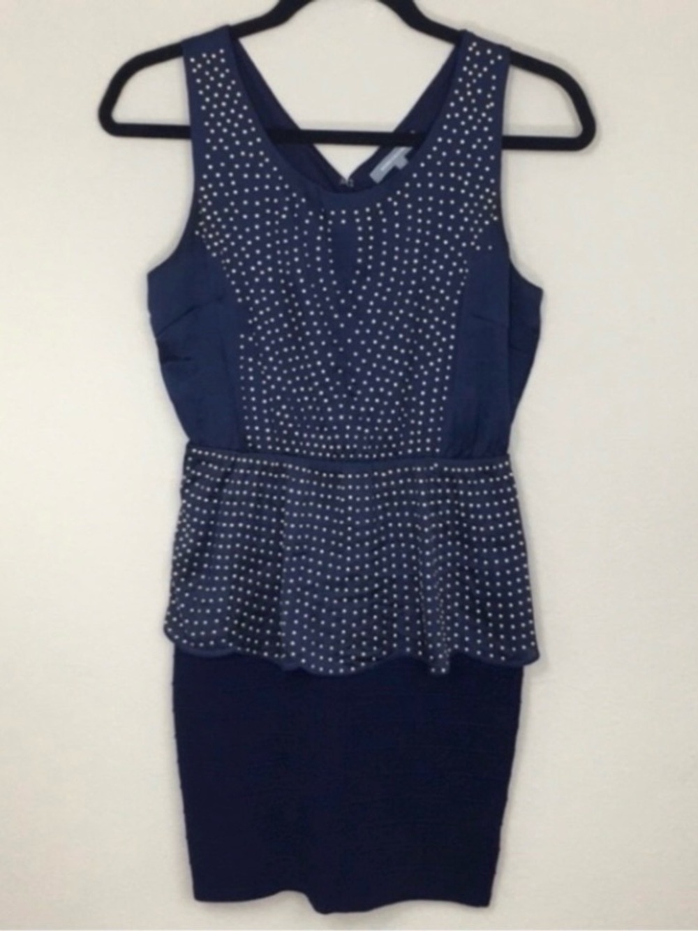 Wow Couture Womens Navy Gold Studded Stretch Peplum Mini Dress Party Glam Size S